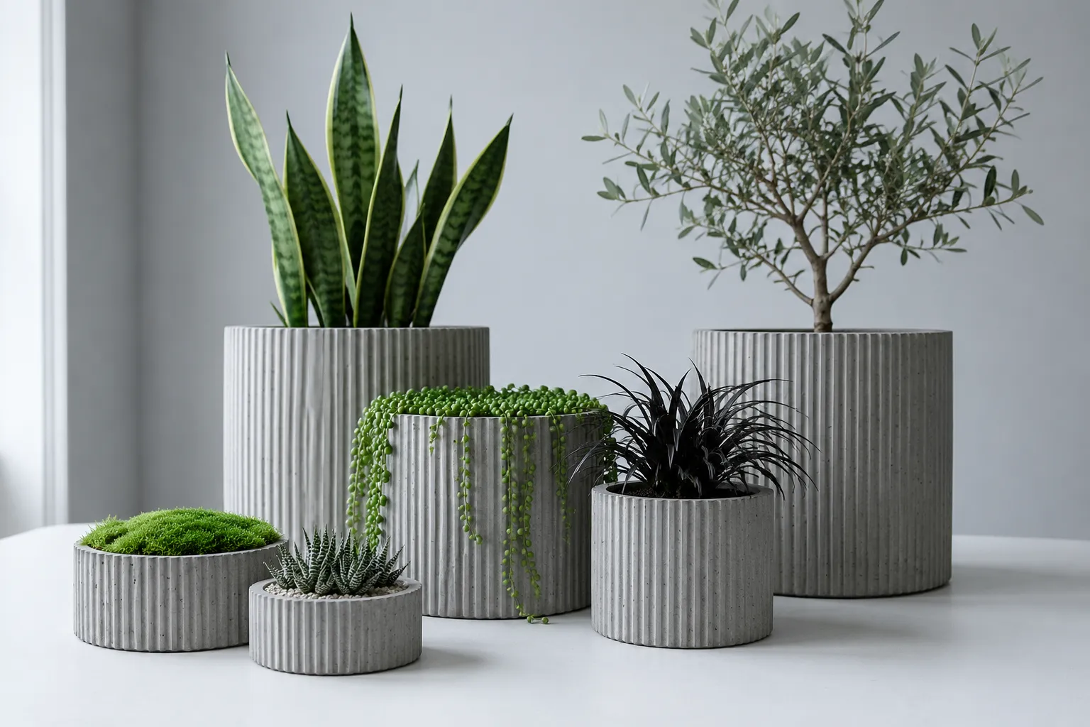 A collection of RookField fluted concrete planters in varied sizes