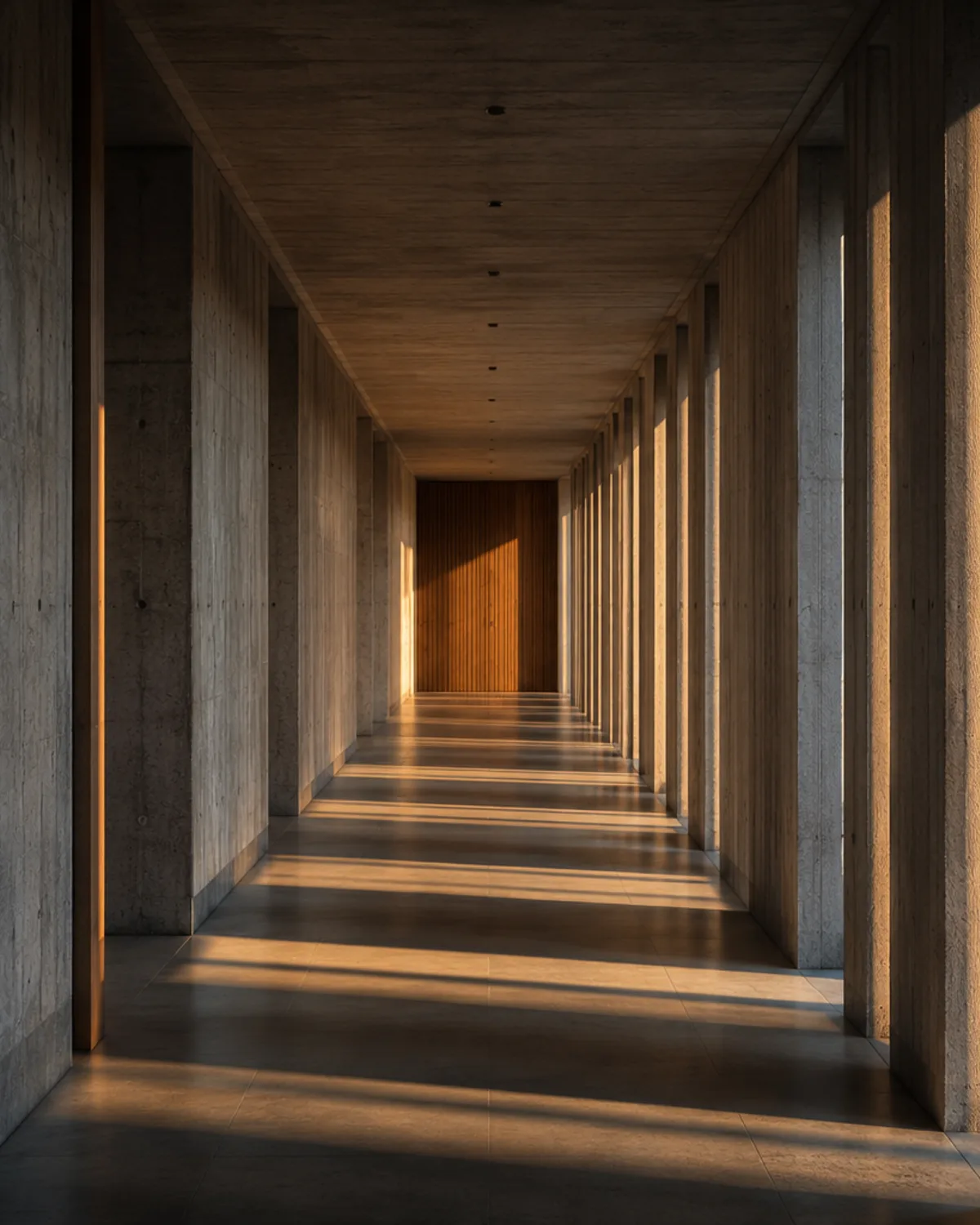 A sunlit concrete colonnade — the RookField architectural register
